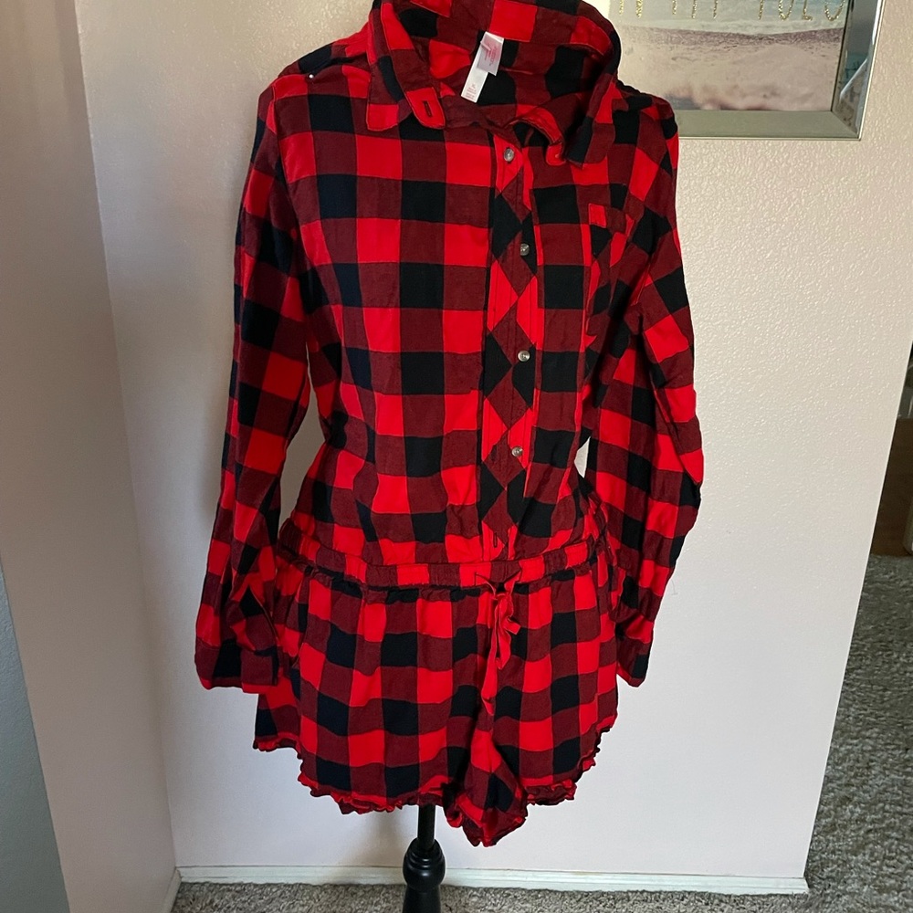 Xhilaration Red and Black Buffalo Plaid Long-Sleeve Romper Pajama